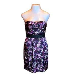 MAX & CLEO Purple & Black "Satiny" Print Strapless Dress Size 8